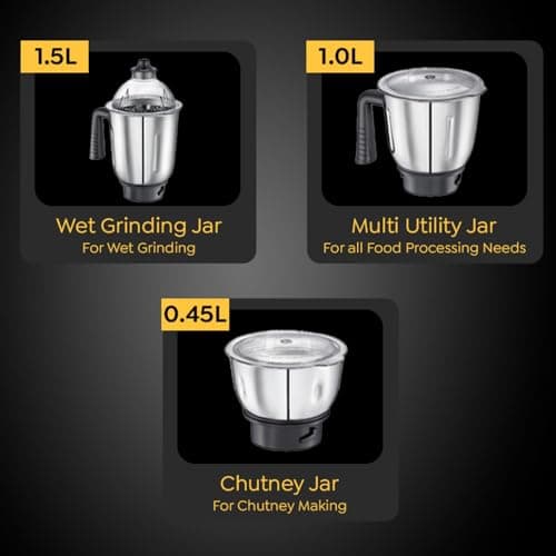 Prestige Endura 1000W Mixer Grinder with Ball Bearing Technology|Stainless Steel 3 Jars with Flow breakers|Overload protection|Black & Silver 5