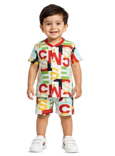 3BROS Unisex Cotton Blend Regular Fit Summer Half Sleeve Tshirt & Shorts Clothing Set for Baby Boy/Girl (White,12-18 Month)