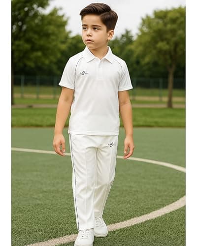 Unisex Kids White Cricket Jersey & Trouser Set – Breathable Polyester with DARK GREY Piping (4-5) 4