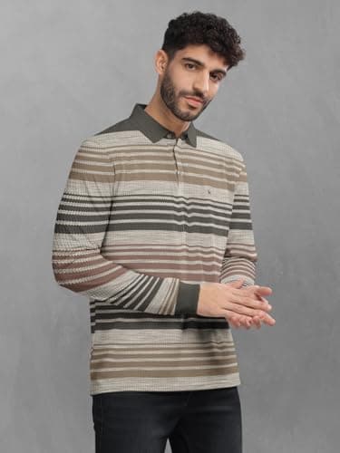 BULLMER Striped Textured Printed Polo Neck Fullsleeve T-Shirt with Rib for Men_Beige4_Large 4