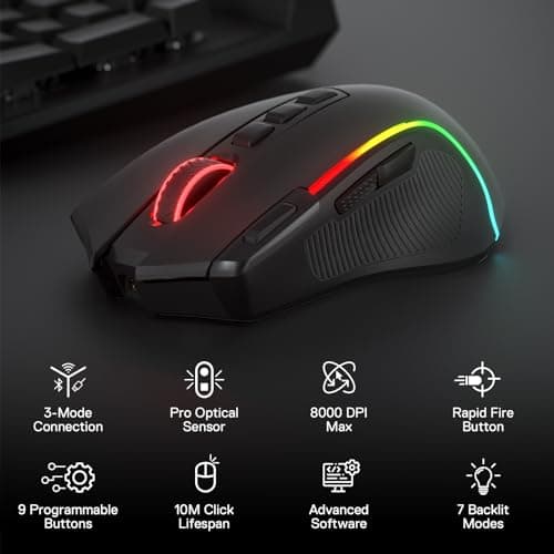 Redragon M612 PRO RGB Gaming Mouse, 8000 DPI Wired/Wireless Optical Gamer Mouse with 9 Programmable Buttons & 7 Backlit Modes, BT & 2.4G Wireless, Software Supports DIY Keybinds Rapid Fire Button 2