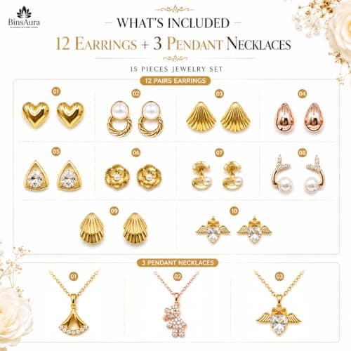 BinsAura 12 Piece Jewellery Gift Set for Women with Premium Jewellery Box | 9 Korean Stud, Hoop & Drop Earrings + 3 Pendant Necklace Set | Fashion Jewellery Combo for Girls | Birthday, Anniversary, We 2