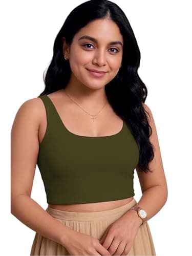 XOLANI Women’s Stylish Ribbed Sleeveless Lycra Stretchable Readymade Crop Tank Top Cami Blouse for Girls 2VX35 1044 M AGR Olive