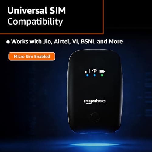Amazon Basics 4G LTE Wireless Dongle with All Sim Network Support|Single_Band Plug & Play Data Card Stick with Up to 150Mbps WiFi Hotspot|2200Mah Rechargeable Battery| Sim Adapter Included (Black) 4