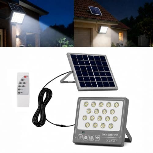 XERGY 50W Solar LED Flood Light with Remote – 108 Bright LEDs, IP67 Waterproof Build, Smart Dusk-to-Dawn Sensor, 1200mAh Battery, Ideal for Garden, Home, Wall, Porch, Shed (5m Cable Included)