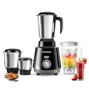 Longway Super Pro Juicer Mixer Grinder | Up to 750W Max Output Powerful Motor | 4 Jars for Grinding, Mixing, Juicing | 2 Year Warranty | Black & Gray