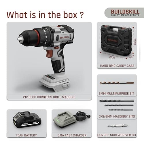 BUILDSKILL 21V BLDC Cordless Drilling Machine | 40NM Torque | Copper Motor | Impact & Drill | 2-Speed 400/1400 RPM | 10mm Metal Keyless Chuck | 1.5Ah Battery | Forward-Reverse | Professional & DIY Use 3