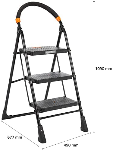 Amazon Basics Clamber-Foldable Step Ladder, Safety-Clutch Lock, Ribbed Steps, Knee Guard, Non-Marring PVC Shoes, 3 Steps (Steel, Black&Orange, Iron&Plastic) 4