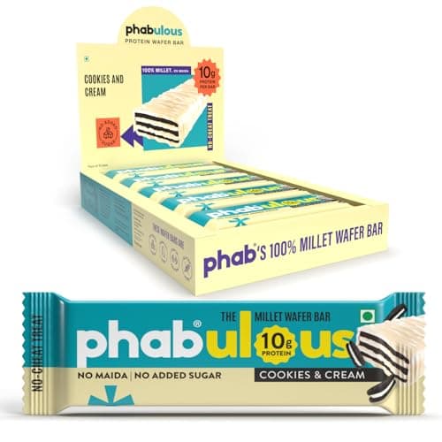 Phab Protein Wafer Bar Cookies & Cream Flavour - No Maida Only Millets ( Bajra ) | 10g Protein With No Added Sugar, No Preservatives, No Trans Fat | Gluten-Free Healthy Snack | Desk-to-Gym Snack (Pack