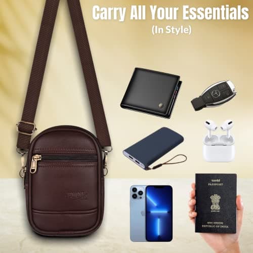 Pramadda Pure Luxury Stylish TWIN Leather Sling Bag For Men Women Travel | Side Crossbody Chest Mobile Bag | Casual Sports Walking Bags | Birthday Gift Item. (Choco Brown) 5