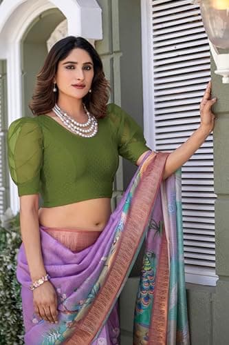 Amazon Brand - Anarva Round Neck Lycra Stretchable Puffed Elbow Sleeve Readymade Saree Blouse for Women Stylish(formi-army-green-blouse-2xl) 4