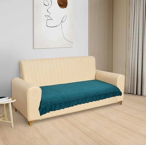 Yellow Weaves Quilted Velvet 3 Seater Sofa Cover Protector with Frill, Anti-Slip Sofa Cover Seat Mat (68 x 26 Inch), Teal Blue 2