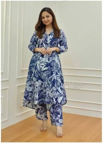 Cotton Co-ord Set for Women, 2 Piece Kurta Set, Kurta with Pant (in, Alpha, 2XL, Blue) 2