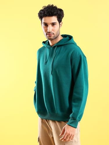 The Indian Garage Co Green Regular Fit Solid Pullover Hooded Sweatshirt 5