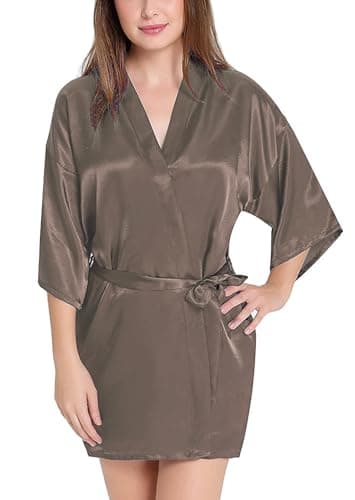 Xs and Os Women Satin Nightwear Belted Kimono Robe Taupe