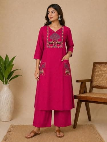 Women Pure Cotton Kurta Palazzo Set | Sleeveless Printed Kurta with Palazzo Pants | Summer Friendly, Office Wear Co-Ord Set (IN, Alpha, L, Regular, Women, Pink) 3