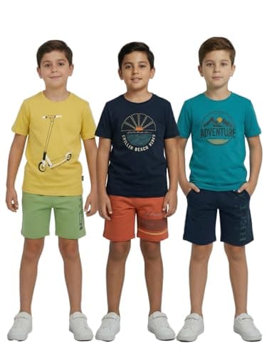 HELLCAT Boys Printed Round Neck T-Shirt with Shorts Set | Multicolor | Pack of 3_Yellow_7-8Years