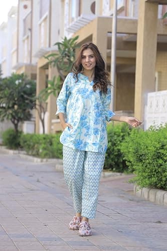 INDICHICK Women’s Night Suit Set,Lounge Wear,Printed Top & Pyjama Set for Women,Casual Sleepwear for Women, (Nev Blue, M) 3