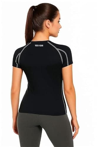 NEVER QUIT Women Half Compression T-Shirt for Gym Workout | Stretchable Quick-Dry Activewear | Sports Running Top for Fitness, Yoga, Training & Exercise (in, Alpha, M, Regular, Black & Grey) 2