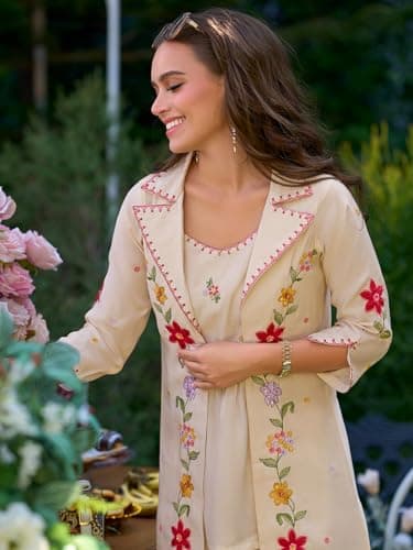 INDO ERA Women's A-Line Silk Blend Floral Embroidered Kurta with Shrug and Palazzo Set (Cream_IEOUT10577_Medium) 4
