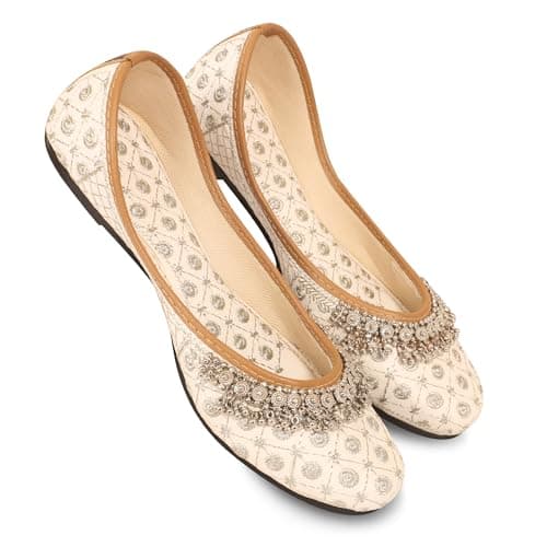 DFR Women Rajasthani Ethnic Embroidery with Payal Punjabi Mojari's Jutti’s, Color - Cream, UK Size - 9 5