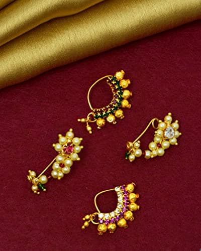KYOOT JEWELS Maharashtrian Nath Combo Nose pin without piercing Pearl Diamond Gold Plated Nathni Clip On Ruby Green Moti Nose Ring For Women (Combo 1) 5