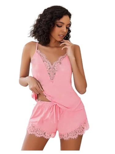 Galsmaky Women Sleepwear Lace Top Pajamas Set Shorts| Women Night Suit| Babydoll Night Dress Nightwear Camisole Short Sets Baby Pink Fit Size(30 to 36) Inch