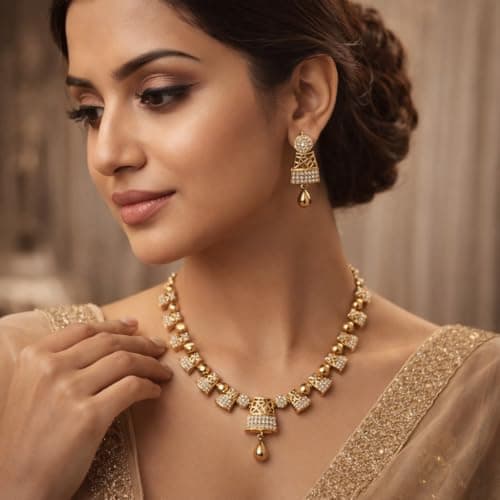 Dvina Glow Gold Plated Geometric CZ Necklace Set for Women | Lightweight Filigree Designer Jewellery with Earrings | Elegant Cubic Zirconia Necklace for Wedding & Festive Occasions 4