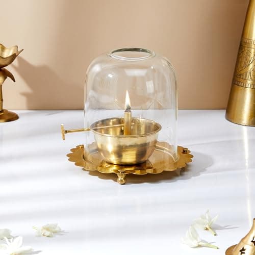 Amazon Brand Solimo - Brass Akhand Jyot Diya with Adjustable Wick Knob & Glass Cover | Large Size – 13.5 x 13.5 x 13.5 cm | Handcrafted Oil Lamp for Home & Pooja Room 2