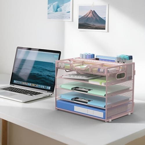 DocNest 5 Tier Mesh Desk Organizer- Letter Tray with Adjustable Compartments, Built in Pen Holder and Handles, Stackable Paper Organizer for Paper Mail Documents Office Supplies–Pink 6