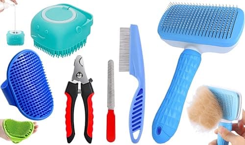 Style Keepers 5-in-1 Pet Grooming Kit for Dogs & Cats – Includes Self Cleaning Brush, Cat Comb, Silicone Bath Scrubber, Flea Comb & Nail Clipper | Grooming Tools for All Hair Types | Dog Brush Kit
