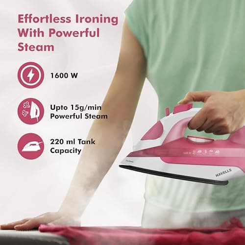 Havells TruSteam 1600 Watt Steam Iron with Self Cleaning Function|Vertical & Horizontal Ironing|220 ml Tank for Longer Ironing|High Steaming Rate upto 15 gm/min|2Yr Manufacturer Warranty(Pink) 2