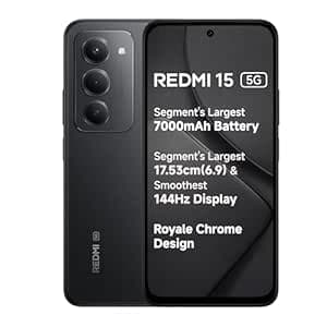 Redmi 15 5G Midnight Black 6GB + 128GB | Segment's Largest 7000mAhA Battery | Segment's Largest Display 17.53cm(6.9) Up to 144Hz | Snapdragon 6s Gen 3 | 18W Reverse Charging | 50MP AI Dual Camera