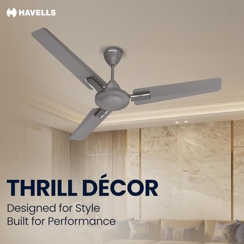 Havells 1200mm Thrill Decor Energy Saving Ceiling Fan| High Speed, High Air Delivery| Strong & Powerful Motor|Air Delivery: 220 m³/min| Speed: 370 RPM| 2 Year Warranty |(Pack of 1, Stone Grey) 2