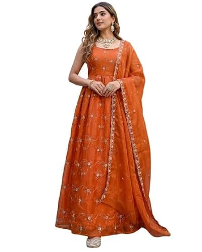 Women's Rust Orange Organza Anarkali Kurta Set with Dupatta – Embroidered Flared Long Dress Gown with Strappy Back and Sheer Scarf for Weddings, Festivals, and Ethnic Wear (XL)