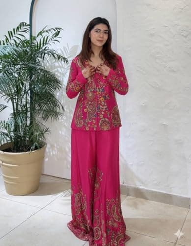 flysta Women Embroidered Jacket Palazzo Set Heavy Chinon Indo Western Ethnic Outfit (Rani Pink) 2