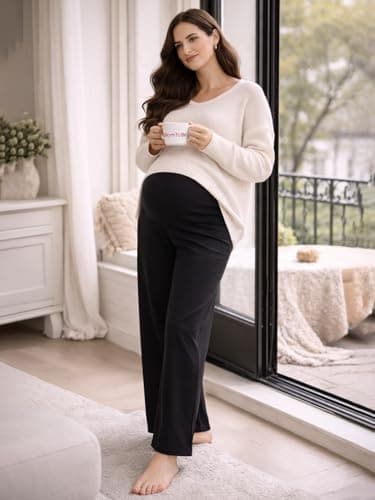 MomToBe Cotton Maternity Palazzo for Women | Over Bump Support |Pregnancy Palazzo Pants with Pockets | Soft Breathable Fabric | Relaxed Fit (Ink Black : Medium) 5