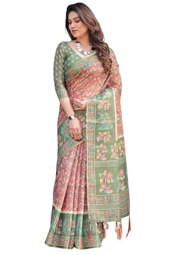 SGF11 Women's Cotton Linen Silk Saree With Unstitched Blouse Piece (Pink Green)