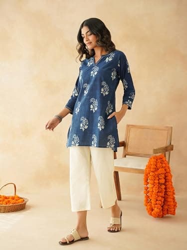 GOODHAND Cotton Short Kantha Kurti Elegant Hand Block Print for Comfortable Daily & Office Wear, Stylish and Versatile for Women Indigo 3