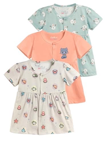 HELLCAT 100% Cotton Baby Frock Dress for Girls - Pack of 3, Soft & Trendy, Short Sleeve (0-18M)_Cream/Peach/Green_6-12 Months