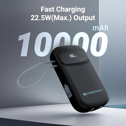 ZEBRONICS 10000 mAh Power Bank, Compact Design, 22.5W Fast Charging, Built-In (Type-C & Lightning Cable) Type-C Port, LED Percentage Indicator, For All Mobiles, Tablet, Earbuds, EnergiTank 10R2(Black) 2