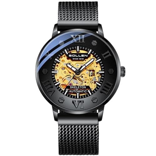 SOLLEN Black Men's Skeleton Automatic Watch, Original Mechanical Movement Self-Winding, 3D Curved Glass, Luminous Hands, 30M Water-Resistant, 14mm Stainless Steel Case, Casual Formal Wristwatch for Me