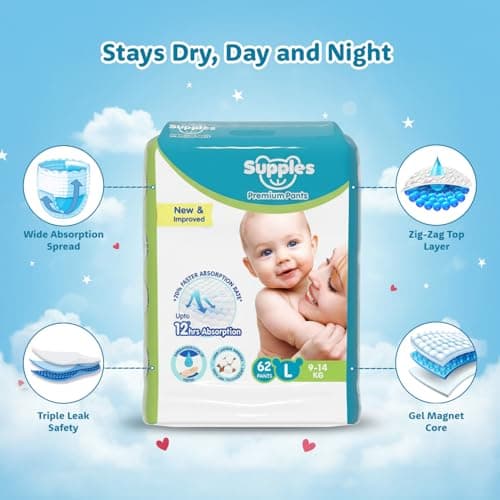 Amazon Brand - Supples Premium Baby Diaper Pants | 62 Baby Diapers | Large | 9-14 Kg | 12 Hrs Absorption | Cushiony Cotton Soft Fabric | Phthalates-Free | Triple Leak Guard 3