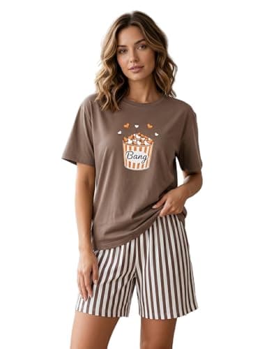 HELLCAT Women Co-ords Loungewear & Sleepwear Set | Relaxed Fit Round Neck Graphic Print Top with Striped Shorts | Breathable Cotton Blend Nightwear, Night Dress, Lounge Wear, Summer Homewear Brown