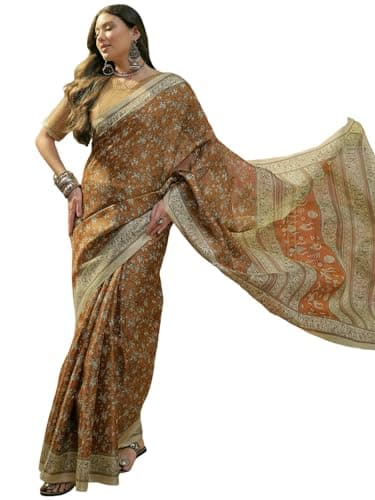 SIRIL Women's Cotton Printed Saree with Unstitched Blouse Piece (5203S642_Dark Mustard)