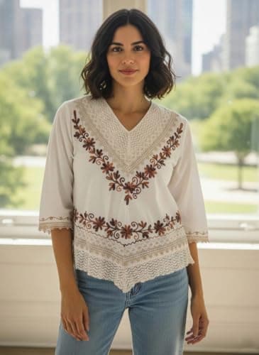 LIBAAS INDIA Women Embroidered Rayon Top | Casual Boho Floral Embroidery V-Neck 3/4 Sleeve Summer Top for Women | Stylish Western Ethnic Fusion Tunic Top for Girls & Women (in, Alpha, 2XL, Off White) 3