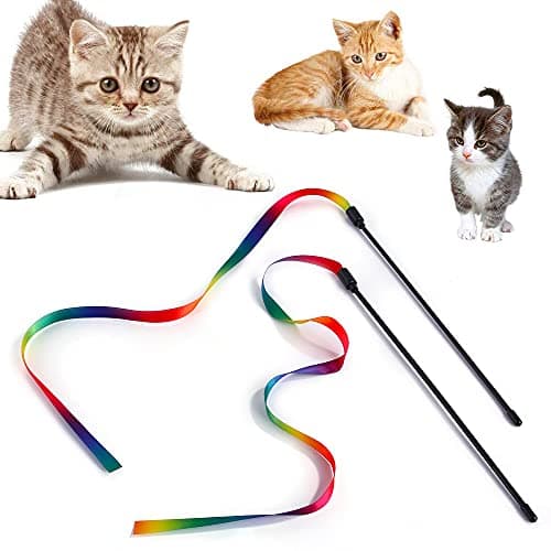 Qpets® 2 Pcs Cat Rainbow Wand Toys,Satin & Elastic Teaser for Kittens & Adult Cats - Indoor Exercise, Fun Games, Stress Relief