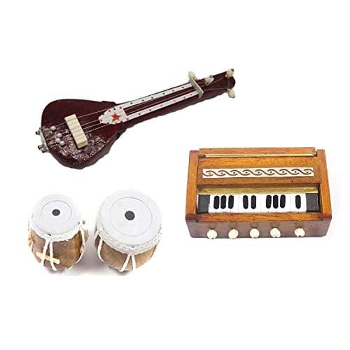 India Meets India IMIMI000019 Combo of Sitar, Tabla, Harmonium Showpiece (Brown, Mango Wood)