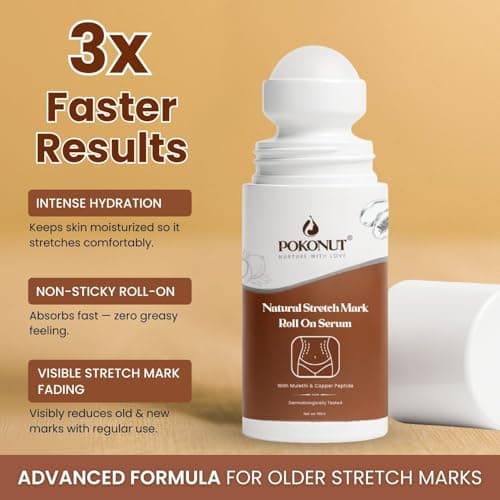 POKONUT Stretch Mark Repair Combo, Cream & Roll-On Serum, with Hyaluronic Acid, Rosehip Oil, Vitamin E, Day & Night Routine, 100g 2