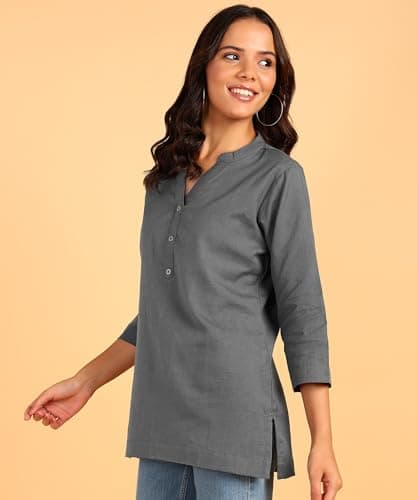 BLOCKS OF INDIA Women Cotton Regular Fit Short Kurta Short Kurti | Straight Short Kurti_Grey_M 2